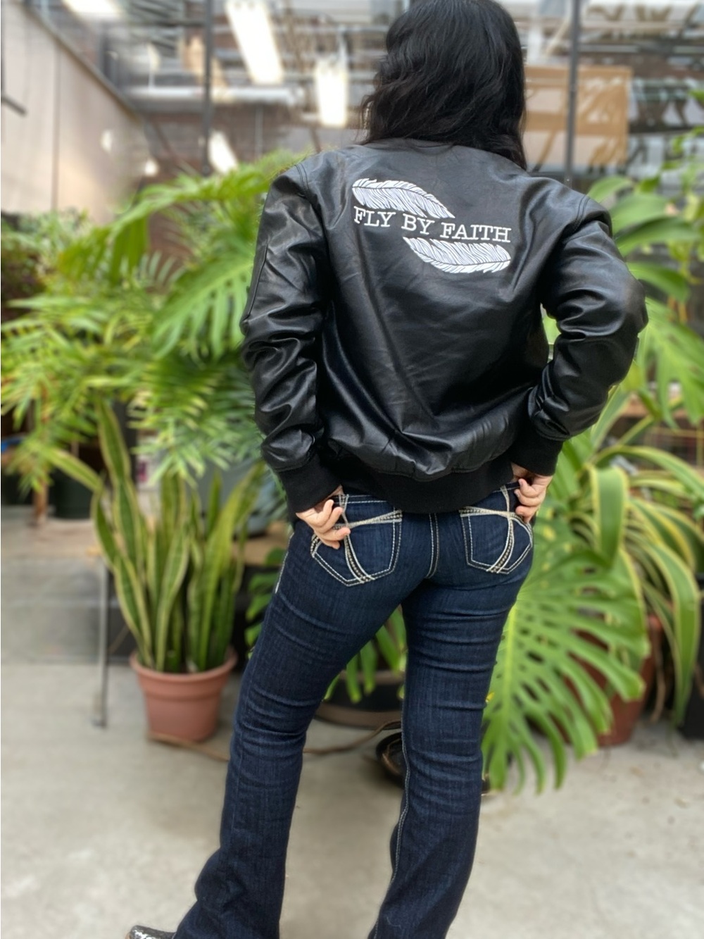 Black Faux Leather Jacket with 'Fly By Faith' Embroidered Feather